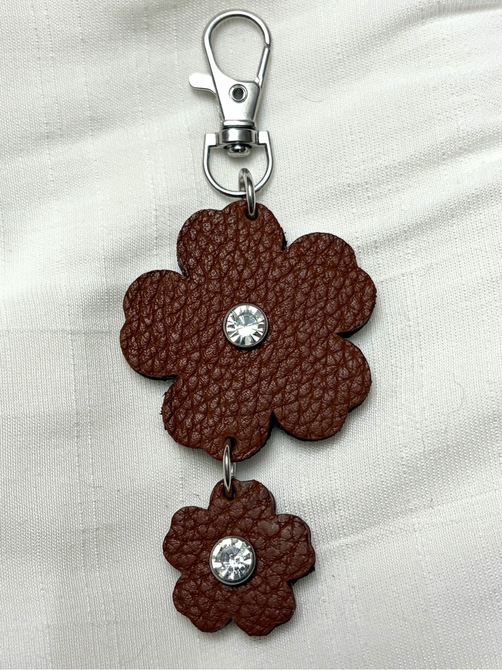 Upcycled COACH Brown Leather Flower Keychain with Crystal Accent